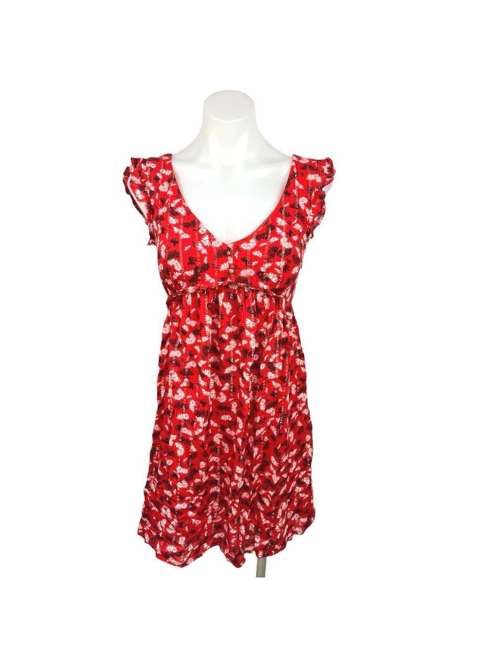Promod Red V Neck Empire Waist Sleeeless Cutout Button Babydoll Mini Dress Sz 2
